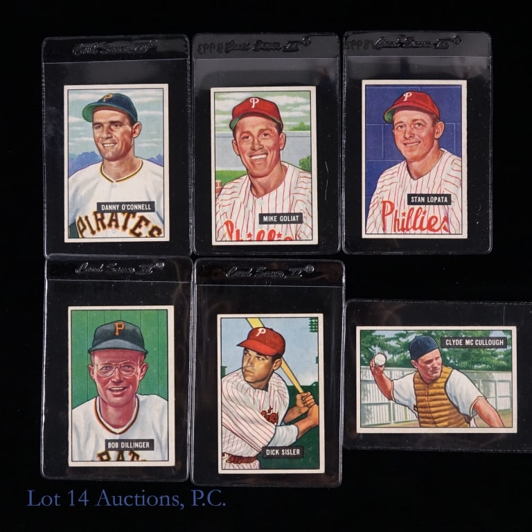 1951 Bowman Baseball Cards (6): Six (6) 1951 Bowman baseball cards. #52 Dick Sisler (some residue on back) ** #63 Bob Dillinger ** #76 Stan Lopata ** #77 Mike Goliat ** #93 Danny O'Connell ** #94 Clyde McCullough. All cards have