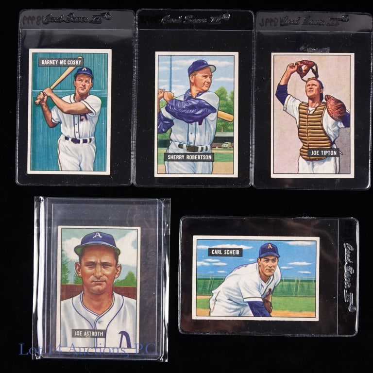 1951 Bowman Baseball Cards (5): Five (5) 1951 Bowman baseball cards. #82 Joe Tipton ** #83 Carl Scheib ** #84 Barney McCosky ** #95 Sherry Robertson ** #298 Joe Astroth (damage on back of card obliterating height data). All cards