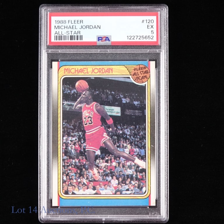 1988 Fleer Michael Jordan Basketball Card (PSA 5): 1988 Fleer NBA basketball card #120 Michael Jordan All-Star Team. Graded by PSA as Excellent 5 (122725652). We have confirmed this card at PSA's website, but you should always confirm these