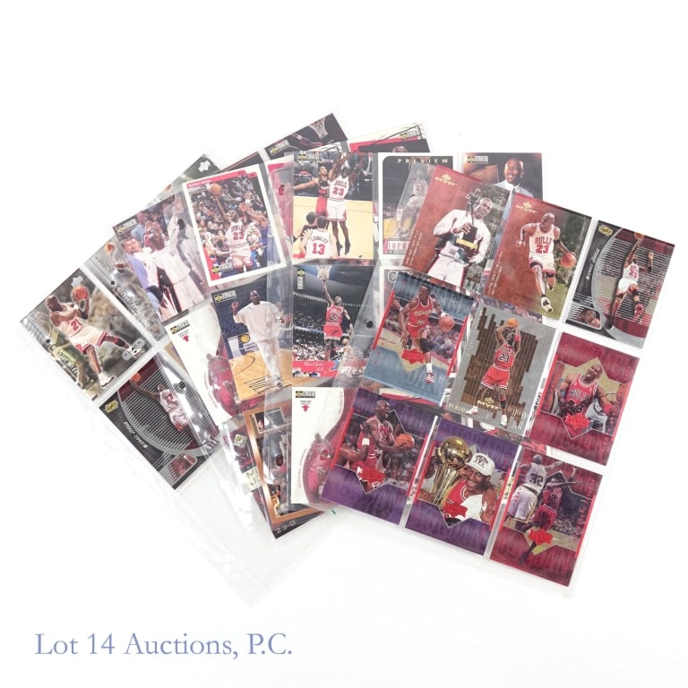 Michael Jordan Basketball Cards (41): Forty-one (41) NBA basketball cards featuring Michael Jordan of the Chicago Bulls. We believe there are two cards which are duplicated, so 39 unique cards in this collection.