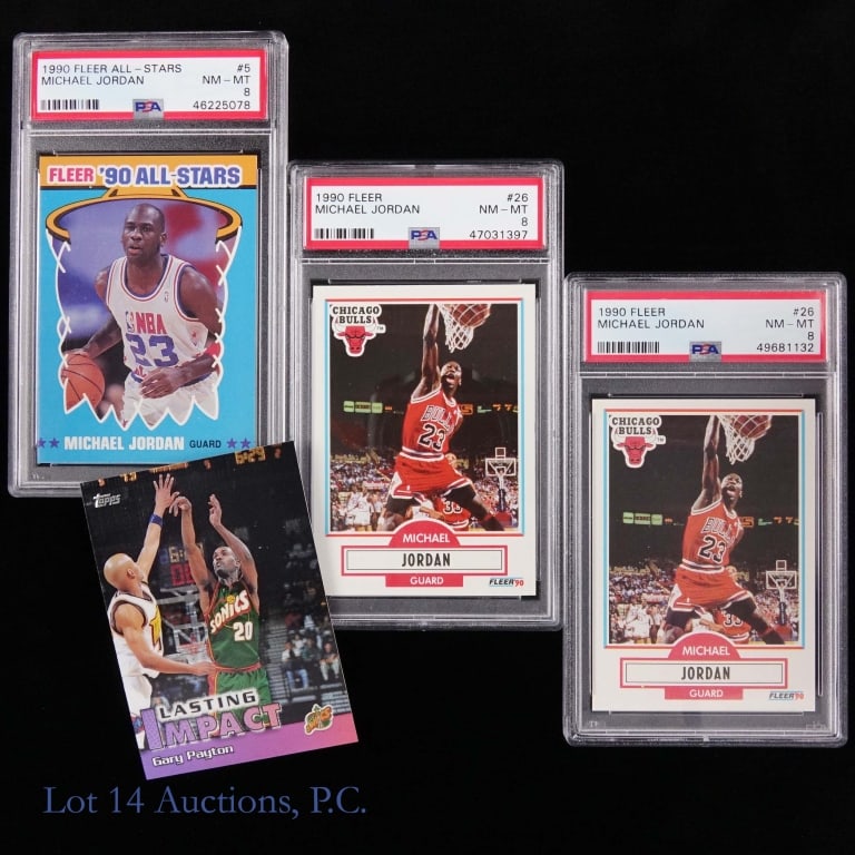 Graded Michael Jordan Cards (3): 1990 Fleer #26 Michael Jordan - graded by PSA as NM-MT 8 (47031397) ***** 1990 Fleer #26 Michael Jordan - graded by PSA as NM-MT 8 (49681132) ***** 1990 Fleer All-Stars #5 Michael Jordan - graded by P