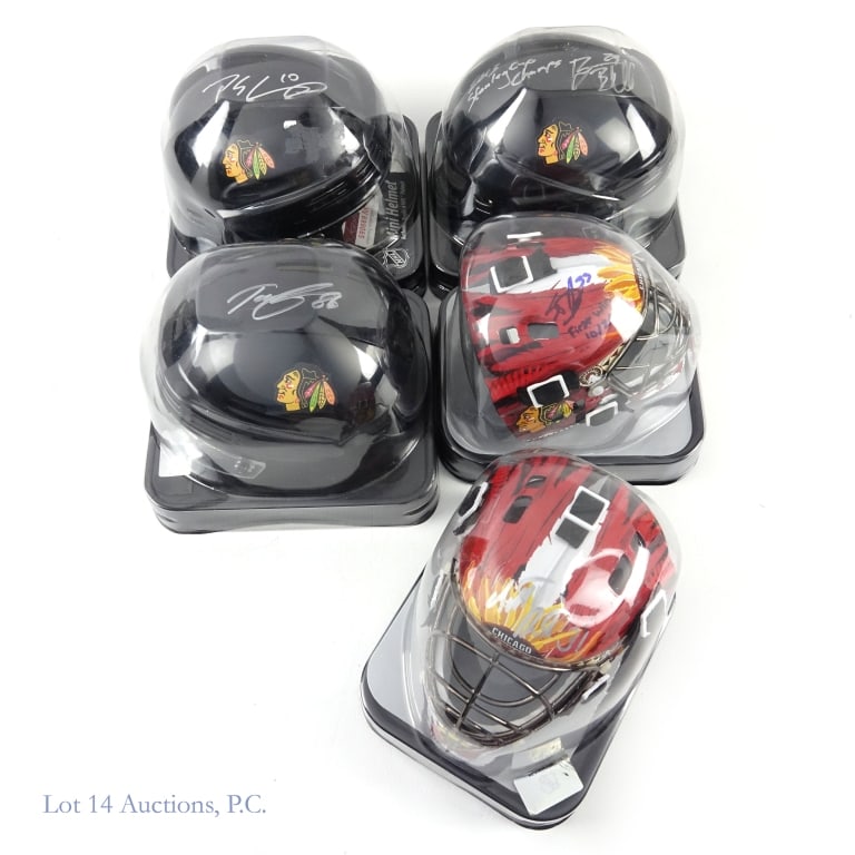 Chicago Blackhawks Signed Mini Helmets (5): *** This lot is sold "as is" with no COA or guarantee, except where specifically noted. *** Five (5) autographed Chicago Blackhawks mini helmets: SportStar black Chicago Blackhawks mini ice hockey