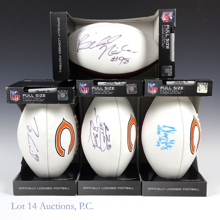 Chicago Bears Signed Footballs (4): Collection of four footballs each signed by a former Chicago Bears player. One football is signed by Dennis Gentry while the other three footballs are signed by unknown players.
