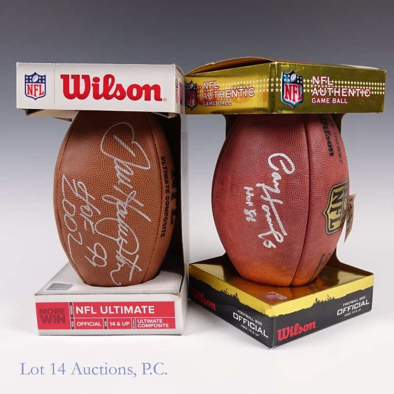 Paul Hornung & Dan Hampton Signed Footballs: Two footballs, one signed by Paul Hornung and the other signed by Dan Hampton. Paul Hornung used a silver Sharpie to sign across a side panel of an Official NFL Game Ball. he also added the