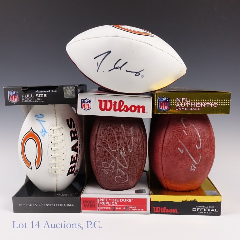 4 Bears Signed Footballs: Four footballs, each signed by a former Chicago Bears player. Players included in this group include Darnell Mooney with a Beckett sticker (cert number WG46459 which we verified on the Beckett web
