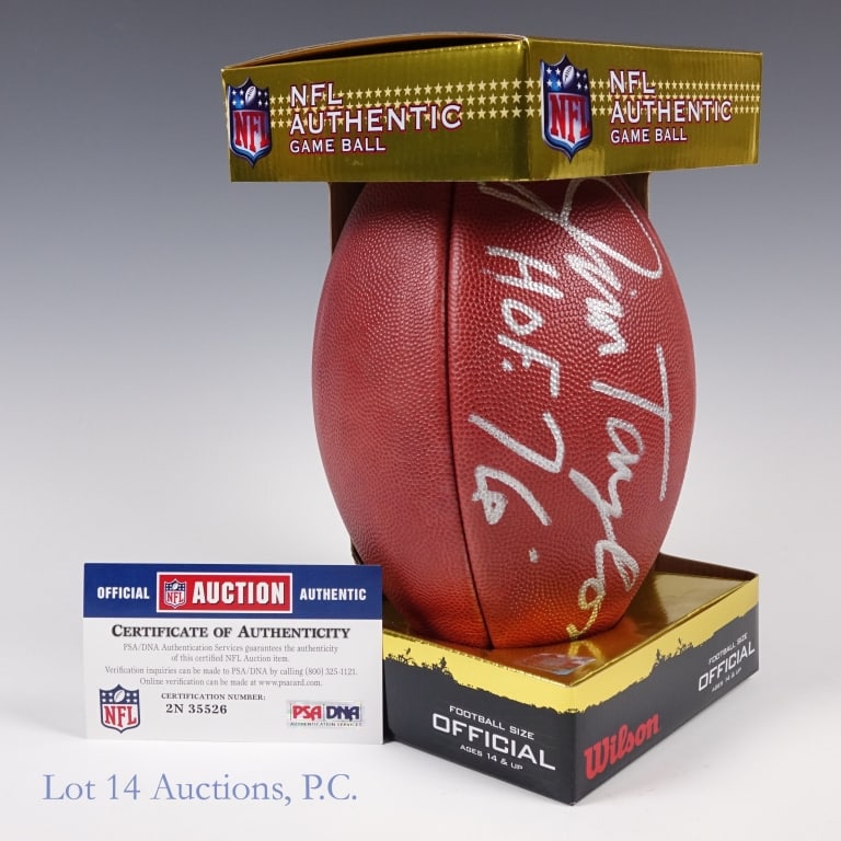 Jim Taylor "HOF 76" Signed Football PSA / DNA COA: Official Wilson NFL game ball signed by former Packers legend Jim Taylor. Taylor boldly signed across a panel with a silver marker. Taylor also added the inscription "HOF 76". The signature has a