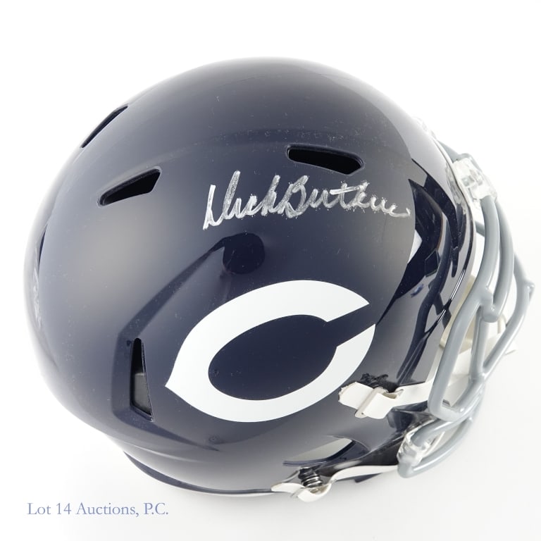 Dick Butkus Signed FS Chi Bears Helmet (Beckett): Riddell full sized speed replica Chicago Bears helmet (1960s tribute helmet with white "C" wishbone logo) signed on the right side by Dick Butkus in silver sharpie. Beckett authenticated hologram