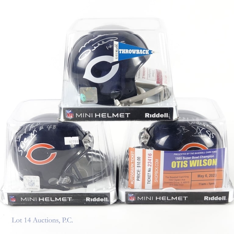 Chicago Bears Signed Mini Helmets (3) **: ** This lot is sold "as is" without guarantees ** Three (3) Riddell Chicago Bears autographed mini-helmets: 1960s throwback (white wishbone "C" logo) signed above the right side logo by Mike Ditka