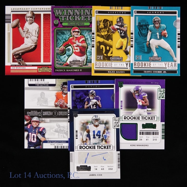 8 NFL Contenders Cards Montana #d, Patch, Auto: Eight (8) NFL Contenders cards. Includes; Joe Montana #23/25; Kene Nwangwu patch; Jabril Cox Auto Rookie Ticket; Patrick Mahomes II; Justin Fields / Mac Jones; Rashod Bateman; Najee Harris; and