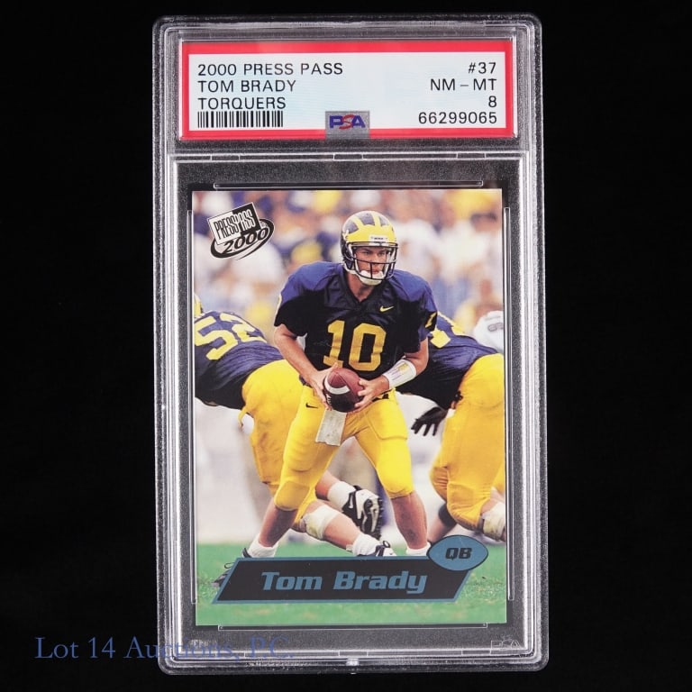 2000 Tom Brady Press Pass Torquers PSA -8 Card #37: Tom Brady Press Pass 2000 Torquers card #37. Graded Near Mint - Mint 8 by PSA. This card has the rarer blue banner. PSA Verified by Lot 14.