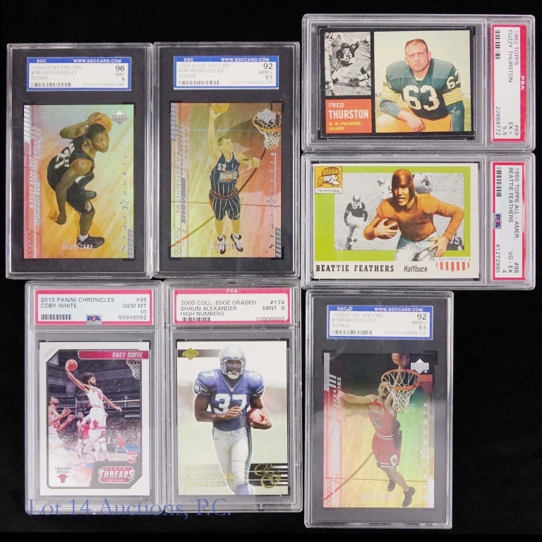 Graded Football Basketball Cards (2 1950s 60s): Seven (7) graded trading cards: 1955 Topps All-American football #98 Beattie Feathers. Graded by PSA as VG-EX 4 (41272995) *** 1962 Topps NFL football #69 Fuzzy Thurston. Graded by PSA as EX+ 5.5
