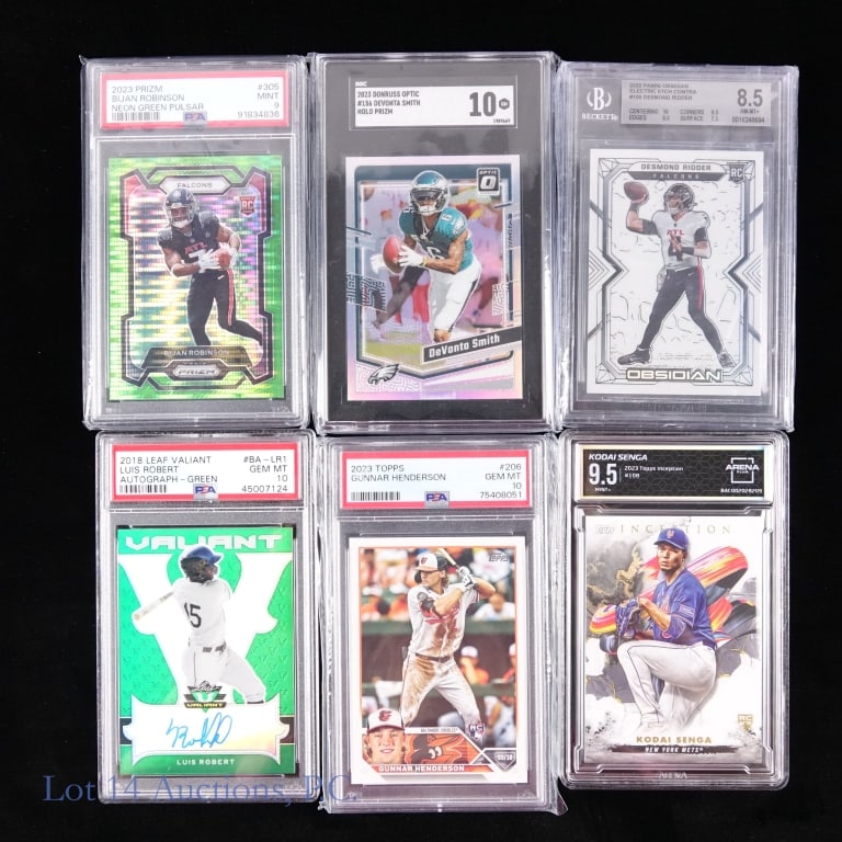 Graded Baseball & Football Cards (6): Six (6) graded baseball / football cards. We have verified all of these on the respective grading company's website except for one (as noted): 2018 Leaf Valiant - autograph green #BA-LR1 Luis Robert