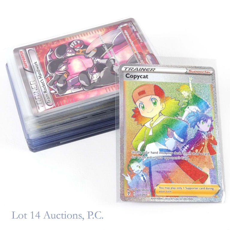 Approx. 50 Ultra Rare Pokemon Cards: Approximately 50 ultra rare Pokemon cards, including V, VMax, Gold, Rainbow, Full Art, and Full Art Trainer cards. All cards are sleeved, see photos for details.