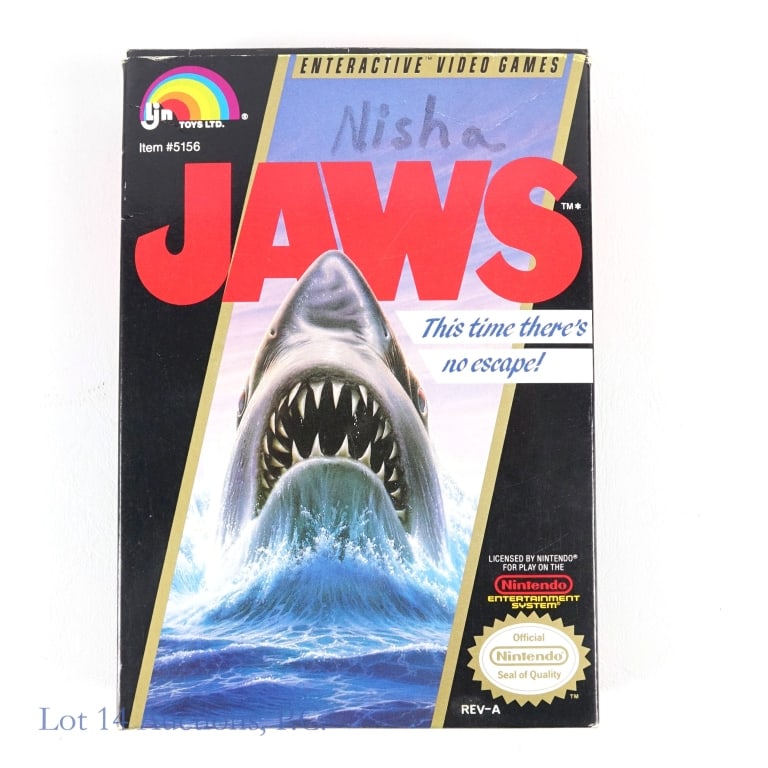 NES Enteractive Jaws Game: Nintendo Entertainment System 1987 Enteractive Jaws game. Missing manual but the box is included and has some wear.