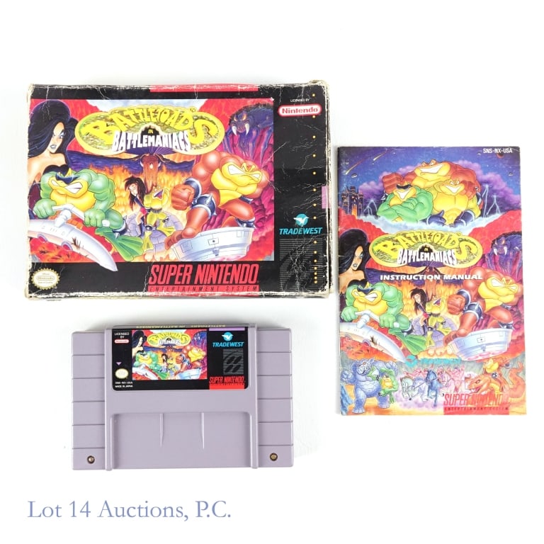SNES Battletoads In Battlemaniacs Game CIB: Complete in box Super Nintendo Entertainment System Battletoads in Battlemaniacs game. Bos shows significant wear, see photos for details.