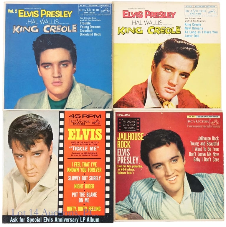 Elvis Presley 7" RPM EP Mini Albums Originals (4): Four (4) original Elvis Presley 45 PRM extended play EP 7" mini albums in cardboard sleeves - Jailhouse Rock (sleeve good except for separation along top and bottom edge), Tickle Me (sleeve very good 