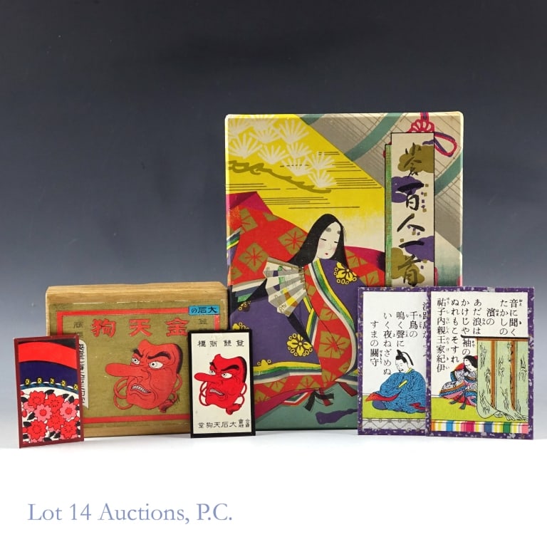 Two Vintage Japanese Card Sets (Nintendo, Tengudo): Two vintage card sets from Japan. The first is a Hanafuda Gold Tengu set from Oishi Tengudo. it has right to left text, suggesting the set dates from before WWII. The cards are stiff and appear to be