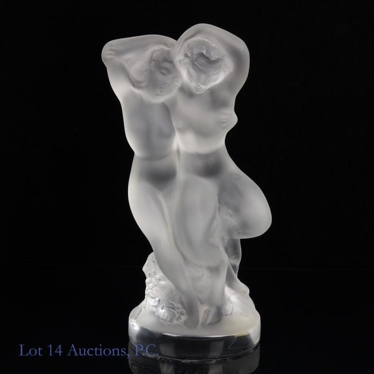 Lalique Crystal "Pan & Diana" Figurine: Small crystal figurine from Lalique titled "Le Faune Pan & DIana" depicting the Greco-Roman god of nature Pan and the goddess of hunting Diana. Its dimensions are approximately 2.25 x 3 x 5.5. Signed 