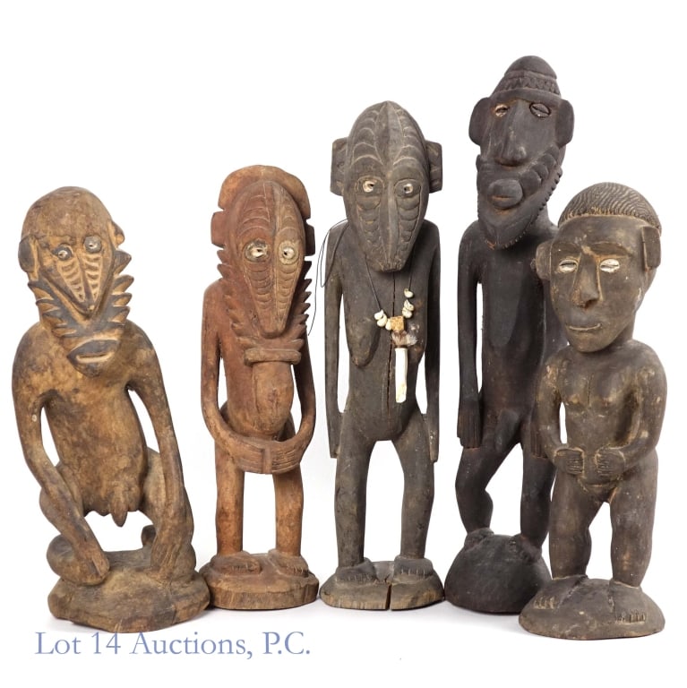 African Hand Carved Wooden Ancestral Figures (5): Five (5) African hand-carved wooden ancestral figures. Approximately 13" - 16.5" tall. See photos for details.