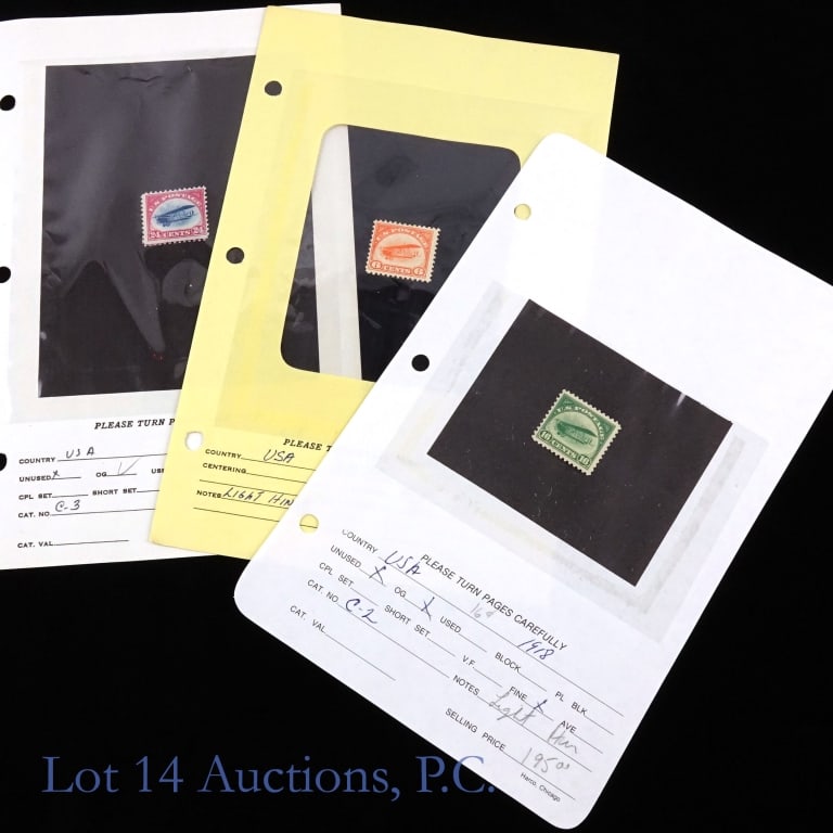 1918 USA 6c, 16c & 24c Airmail Stamps (Unused), 3: Three (3) 1918 rare USA airmail stamps in unused / mint condition as follows: ---6 cent (C-1) $130; ---16 cents (C-2) $195; and ---24 cents (C-3) $150. *** Lot 14 Auctions is not a professional