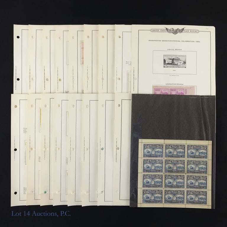 USPO Unused Stamp Blocks (40): Forty (40) USPO unused stamp blocks as follows: ---1930 APS National convention 12-stamp block; ---1950 4-stamp blocks: --statute of freedom 3c, --legislative branch 3c, and executive branch 3c (3); 1
