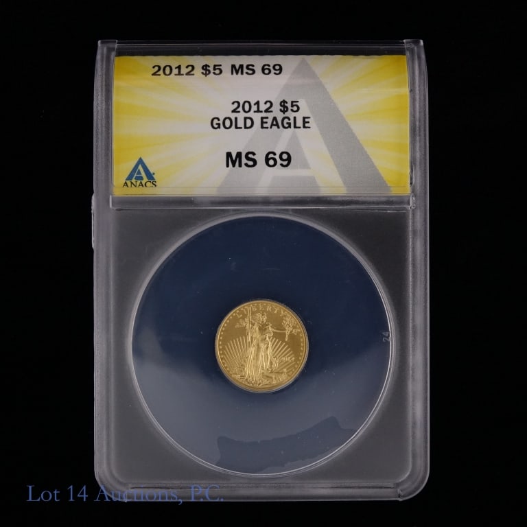 2012 (P) US $5 Gold Eagle Bullion (ANACS MS 69): 2012 (P) United States 91.67% $5 gold eagle 1/10 oz. Designer (obverse) Augustus Saint-Gaudens and (reverse) Miley Busiek and Jennie Norris. ANACS graded MS 69. Metal is 91.67% gold and weighs 3.393 g