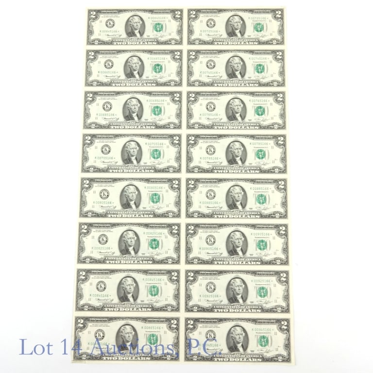 1976 USA $2 Fed Res STAR Notes Uncut (CU), 16: Sixteen (16) series 1976 United States $2 Federal Reserve STAR notes - green seal Dallas (Neff / Simon) in uncut sheet framed in plexiglass holder (F-1935K*). Printed 1,280,000. Serial number starts w
