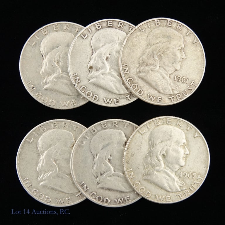 1954 - 1963 US Silver Franklin Half Dollars (6): Six (6) United States 90%-silver Franklin half dollars dollars (Denver Mint) as follows: ---1954-d, ---1959-d, ---1960-d, ---1961-d, ---1962-d, and ---1963-d. Estimated actual silver weight is 2.1 tro