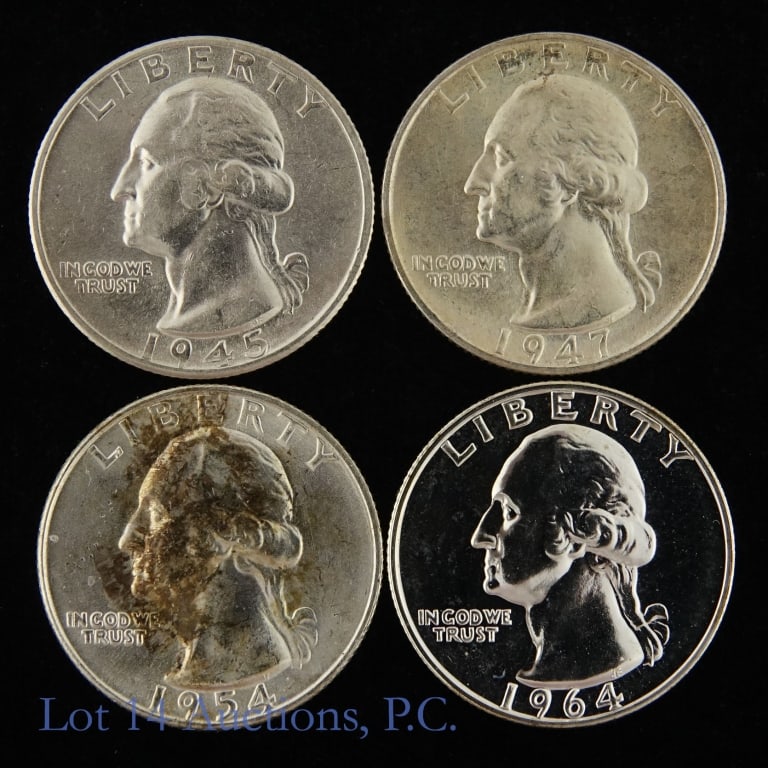 1945 - 1964 US Silver Washington 25c (4): Four (4) United States 90%-silver Washington quarters (Philadelphia, Denver, San Francisco Mints). Dates and consigner condition information as follows: ---1945-D; ---1947-S GEM BU; ---1954-D CH BU; a