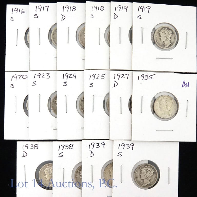 1916 - 1939 US Silver Mercury 10c Better Dates, 15: Fifteen (15) United States silver mercury dimes. Per consigner, better dates and all coins range from G to AU. Dates, mints, mintage figures below 11 million and consigner condition information are