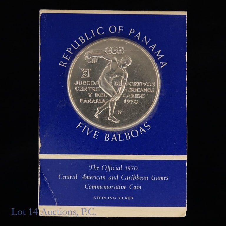 1970 Panama 92.5%-Silver Proof $5 Balboas Coin: 1970 (FM) Panama silver BU (or proof) five Balboa coin (Franklin Mint) in OGP commemorates the 11th Central American and Caribbean Games. Engraver Gilroy Roberts. Reverse features Discus thrower in