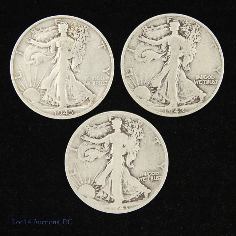 1941s, '42s & '45s Silver W/L 50c (ASW 1.0 Ozt), 3: Three (3) United States 90%-silver walking liberty half dollars (San Francisco Mint) as follows: ---1941-s, ---1942-s and ---1945-S. Estimated ASW 1.0 troy ounces. *** Lot 14 Auctions is not a