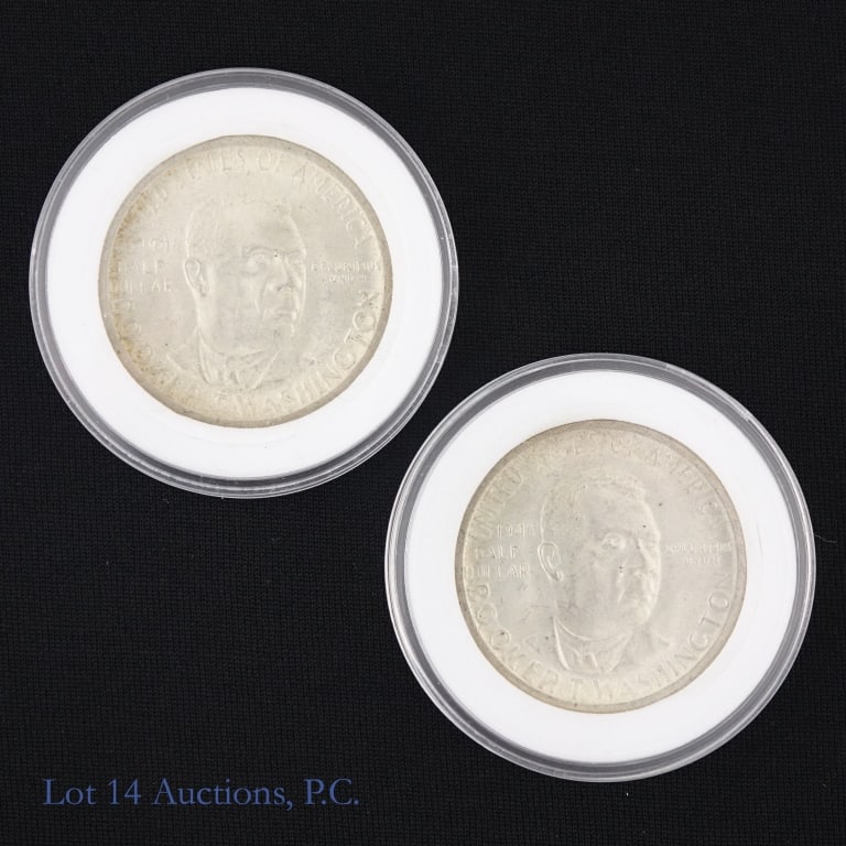 1946-S US 90%-Silver B. T. Washington 50c, 2: Two (2) 1946-S United States silver Booker T. Washington commemorative half dollars (San Francisco Mint). Metal 90% silver (ASW 0.36169 ozt each). Honors the renowned author and presidential advisor.