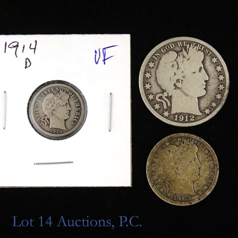 1903 25c, '12 50c & '14d US 10c Silver Barbers, 3: Three (3) United States 90% silver Barber coins (Philadelphia, Denver Mints). Per consigner, better dates and condition information as follows: ---1903 (P) 25c VG; ---1912 (P) 50c; and ---1914-D 10c