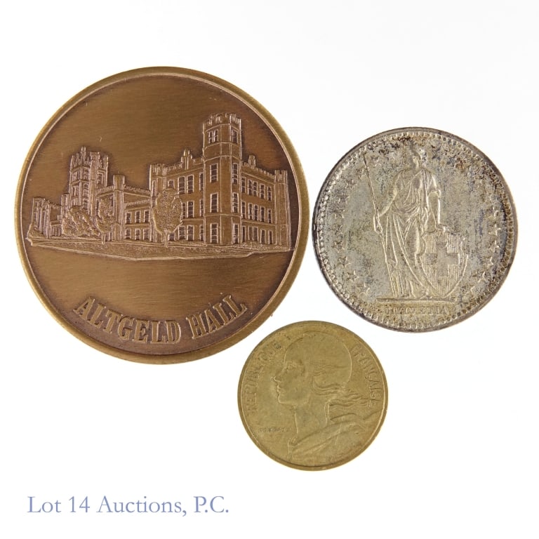 Silver Swiss 2 Francs, France 10c & NIU Medal, 3: Three (3) United States, France and Switzerland numismatic items as follows: ---1946 Switzerland silver Helvetia standing 2 francs (Bern Mint). Metal is 83.5% silver, weighs 10 grams and diameter