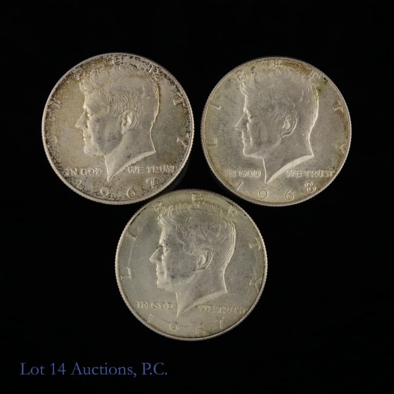 1967 & 1968-D US 40%-Silver Kennedy 50c (3): Three (3) United States 40%-silver Kennedy half dollars (Philadelphia, Denver Mints). Metal is 40% silver (ASW 0.444 ozt.) as follows: ---1967 (2); and ---1968-D. *** Lot 14 Auctions is not a professi