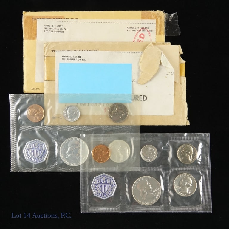 1961 & 1962 US Silver 5-Coin Proof Sets in OGP, 2: 1961 (P) and 1962 (P) United States silver 5-coin proof sets (Philadelphia Mint) in OGP. Half dollar, quarter and dime metal is 90% silver. Estimated lot ASW = 1.224 troy ounces. *** Lot 14 Auctions i