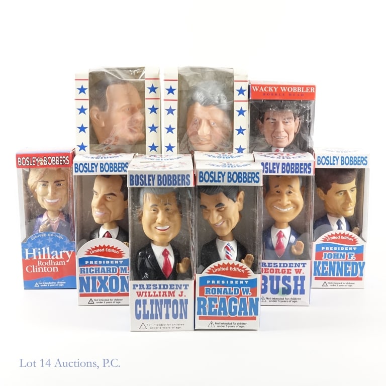 United States Political Bobbleheads (11): United States Political Bobbleheads (11). 11 political bobbleheads in box, 1 John F. Kennedy Limited Bosley Bobbers, 1 Richard M. Nixon Limited Bosley Bobbers, 1 Jimmy Carter Limited Bosley Bobbers, 2