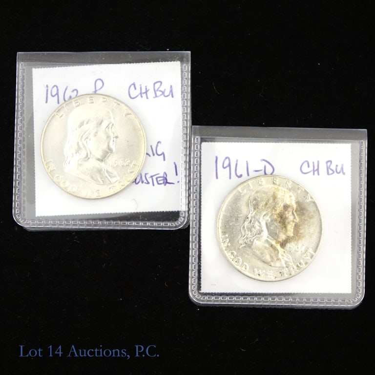 1961 d & 1962 US Silver Franklin 50c (*CH BU), 2: 1961-D and 1962 (P) United States silver Franklin half dollars (Philadelphia, Denver Mints). *Per consigner, in CH BU condition. Metal is 90% silver (ASW 0.723 ozt.). *** Lot 14 Auctions is not a prof