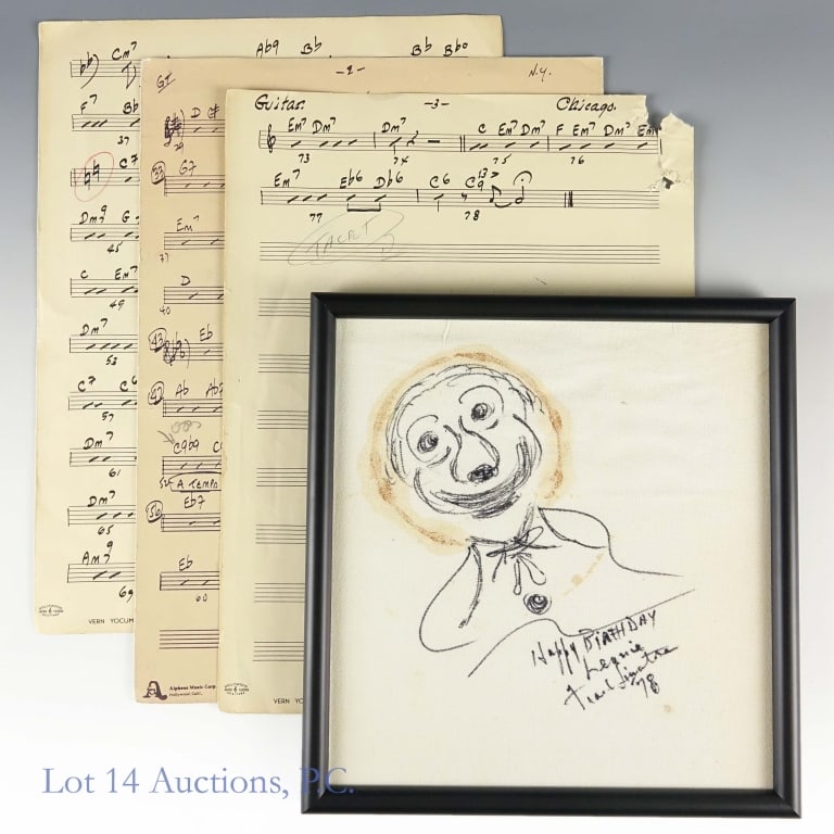 Frank Sinatra Signed Sketch & Sheet Music: Sketch of a clown on what appears to be a stained linen (??) napkin. Sketch is inscribed "Happy Birthday Lennie Frank Sinatra 78". Includes a type written provenance from Lenny's son describing severa