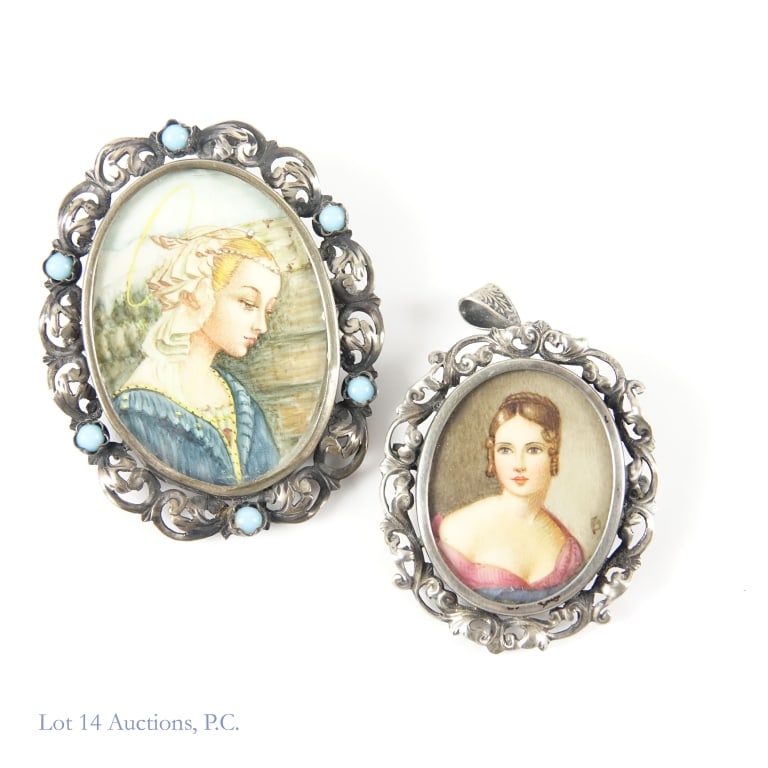 800 Silver Victorian Style Mini Portraits: Two antique Victorian style miniature portraits in frames made with 800 silver. Both together weigh approximately 16.75g or 0.53 troy oz.
