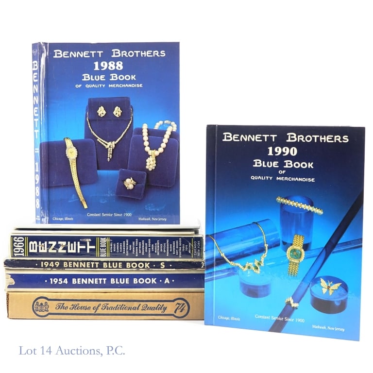 Bennett Bros Blue Book Catalogs (40s-2010s): Collection of 8 Bennett Brothers Blue Book catalogs - each one from a different decade: 1949 (soft cover), 1954 (hard cover), 1966 (hard cover), 1974 (still factory sealed in shipping carton), 1988