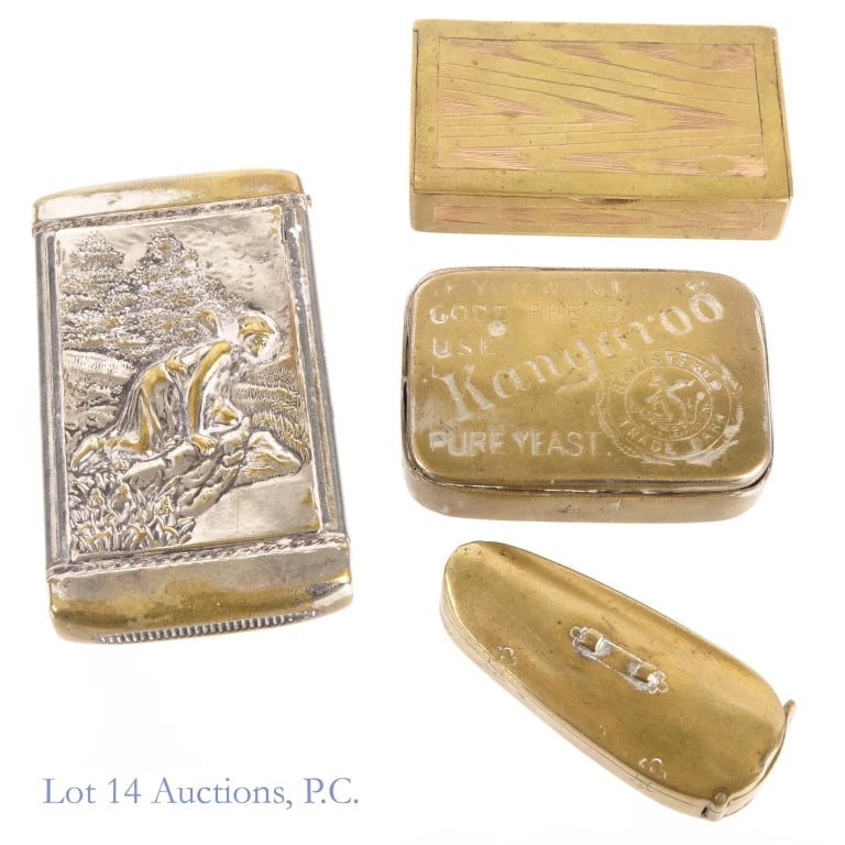 Antique Brass Vesta Cases / Match Safes: Four antique vesta cases or match safes made from brass, dating from the early 20th century. Two are branded: one reads "If your want good bread, use Kangaroo Pure Yeast", and the other reads