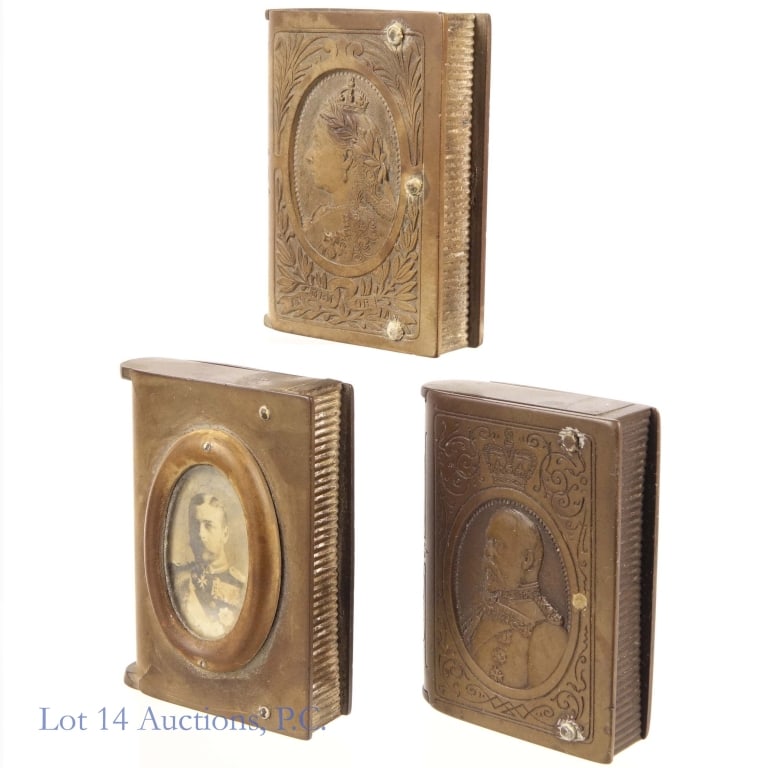 Antique Royal Vulcanite Vesta Cases / Match Safes: Three antique vesta cases or match safes made from vulcanite. Each have an image of a royal on one side: one is Queen Victoria with the caption "in memoriam"; one is King Edward VII, and the third is