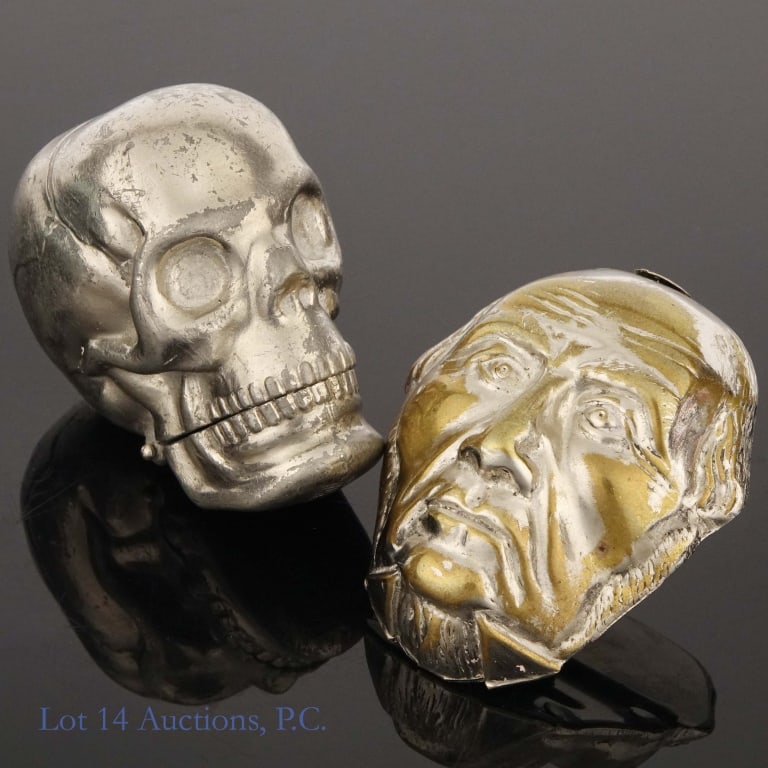 Antique Rare Vesta Cases / Match Safes: Two rare antique vesta cases or match safes. The first is shaped like British Prime Minister William E. Gladstone's face, made with plated brass and dating from around 1890, measuring approximately