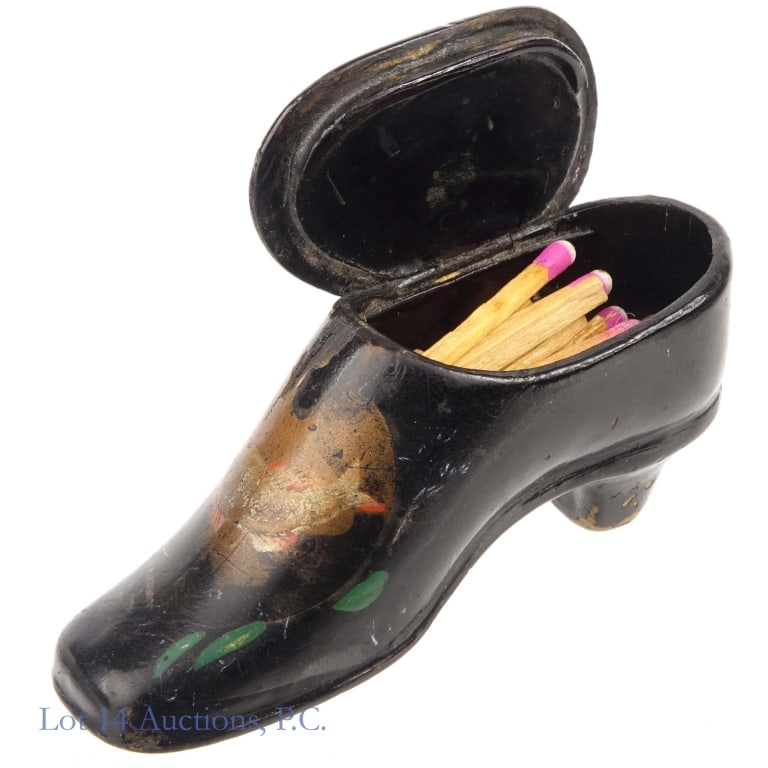 1870s Papier Mache & Lacquer Shoe Vesta Box: Vesta box / match safe made of papier mache and lacquer with a hinged lid dating from the 1870s, likely French or British. Details are hand painted. Some scratches, fading and loss, but mostly good co