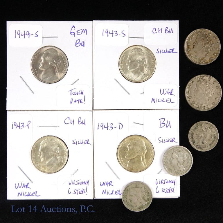 Eclectic US Nickels Lot (9): Nine (9) United States eclectic lot of nickels as follows: ---1865 3-cent piece VG; ---1873 3-cent piece VF; ---1881 3-cent piece VF ; ---1883 liberty head nickels, no cents variety in XF+ and AU (2);