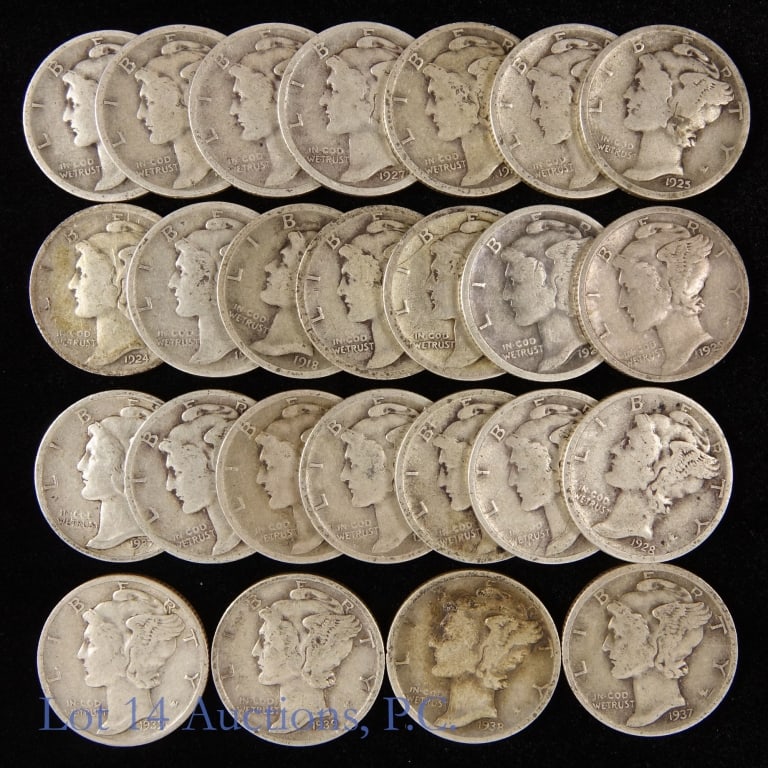 Pre-1940 US Silver Mercury 10c (Full Dates), 25: Twenty-five (25) United States 90%-silver mercury dimes. *Per consigner, all pre-1940, includes 23 mint-marked dimes, range from AG to VG and all have full dates. Lot includes: ---1916-s (2); ---1917-