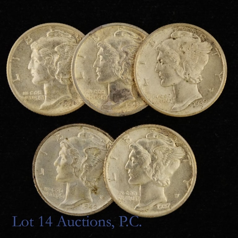 1936 - 1943 US 90%-Silver Mercury Dimes (5): Five (5) United States 90%-silver mercury dimes (Philadelphia, Denver Mints) with consigner comments as follows: ---1936 (P); ---1937 (P) CH BU nice luster; ---1939-D CH BU; ---1942 (P) CH BU FSB;