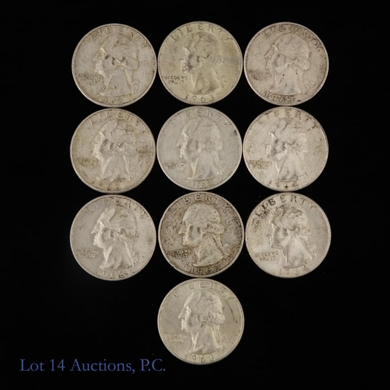US 90%-Silver Washington 25c (ASW 1.8 Oz), 10: Ten (10) United States 90%-silver Washington quarters. Estimated actual silver weight is 1.8 troy ounces. *** Lot 14 Auctions is not a professional numismatic grading agency. Consigner descriptions ar